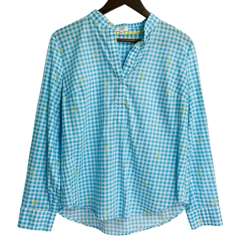 Crown & Ivy Popover Top Blue Gingham Palm Tree Embroidered Women Large